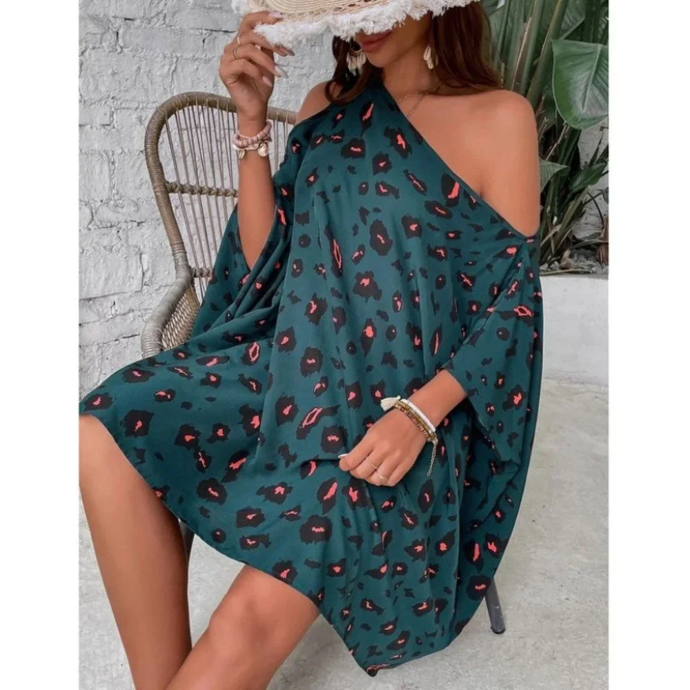 Dolman Sleeve Asymmetrical Neck animal Print Dip Hem Dress - Picture 2 of 6